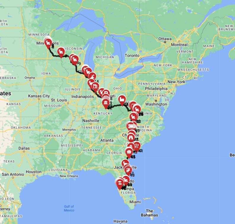 Map for Minneapolis to Tampa